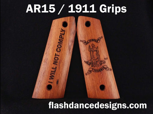 Walnut AR 1911 grips laser engraved with the Virginia state seal and an inspirational message