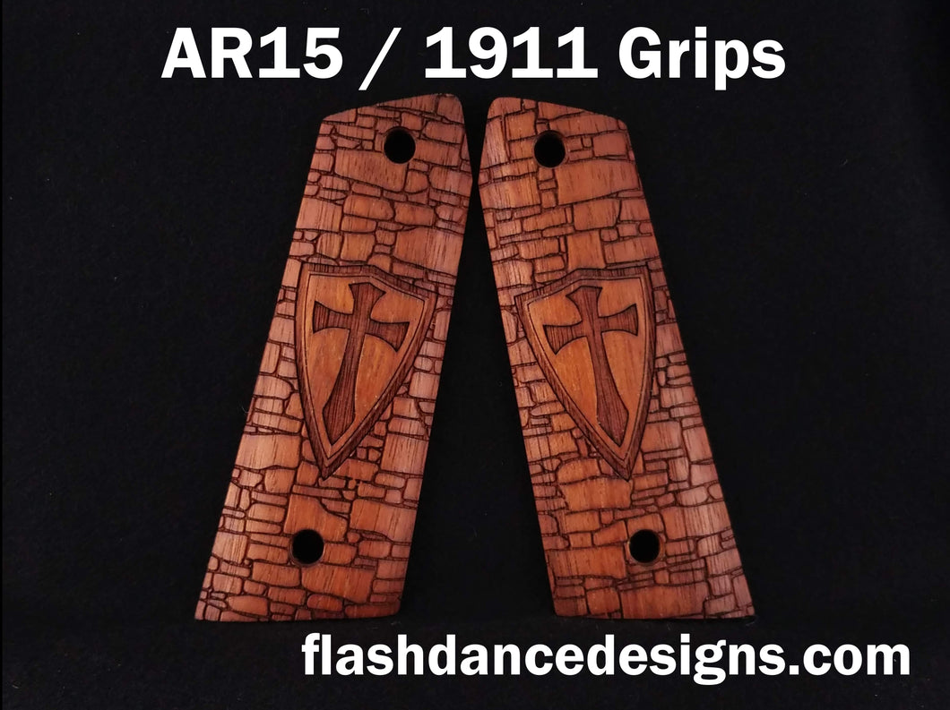 Walnut AR 1911 grips laser engraved with a crusader shield over a castle wall background