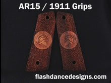 Load image into Gallery viewer, Granadillo AR 1911 grips laser engraved with a Spartan Helm over a stippled background
