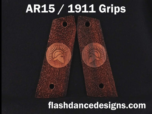 Granadillo AR 1911 grips laser engraved with a Spartan Helm over a stippled background