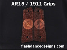 Load image into Gallery viewer, Granadillo AR 1911 grips laser engraved with a Spartan Helm over a stippled background
