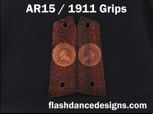 Granadillo AR 1911 grips laser engraved with a Spartan Helm over a stippled background