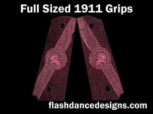 Load image into Gallery viewer, Purpleheart full sized 1911 grips engraved with Molon Labe and a Spartan Helm over a stippled background
