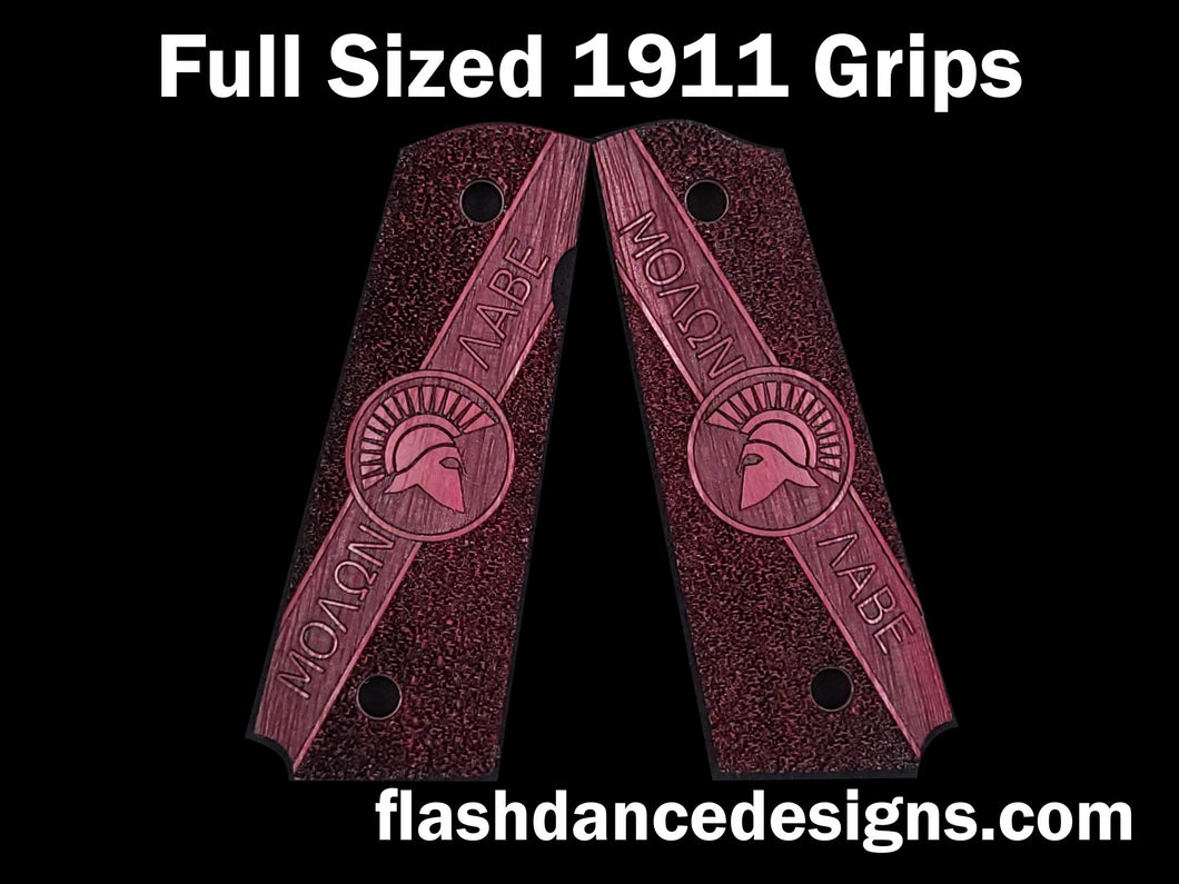Purpleheart full sized 1911 grips engraved with Molon Labe and a Spartan Helm over a stippled background