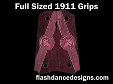 Load image into Gallery viewer, Purpleheart full sized 1911 grips engraved with Molon Labe and a Spartan Helm over a stippled background
