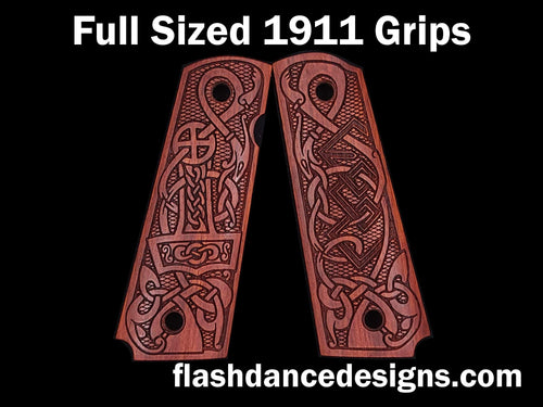 Bloodwood full sized 1911 grips laser engraved with a Norse style animal design  