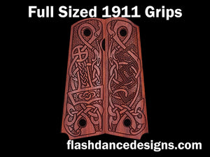 Bloodwood full sized 1911 grips laser engraved with a Norse style animal design  