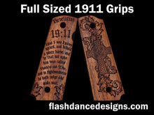 Load image into Gallery viewer, Caribbean walnut full sized 1911 grips laser engraved with a Celtic cross on one side and the Revelation 19:11 verse on the other.
