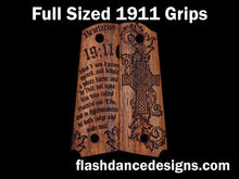 Load image into Gallery viewer, Caribbean Walnut full sized 1911 grips laser engraved with a Celtic cross on one side and the Revelation 19:11 verse on the other.
