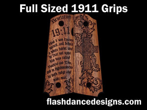 Caribbean Walnut full sized 1911 grips laser engraved with a Celtic cross on one side and the Revelation 19:11 verse on the other.