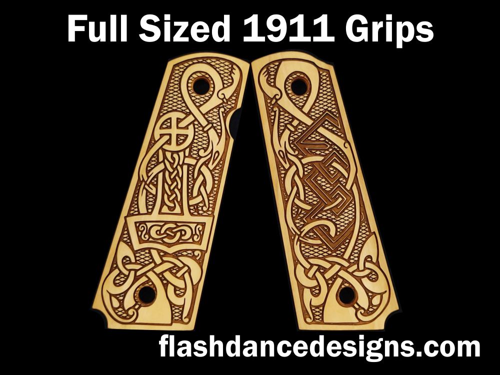 Boxwood full sized 1911 grips laser engraved with a Norse style animal design  
