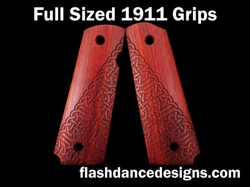 Bloodwood full sized 1911 grips laser engraved with a partial Celtic knotwork design