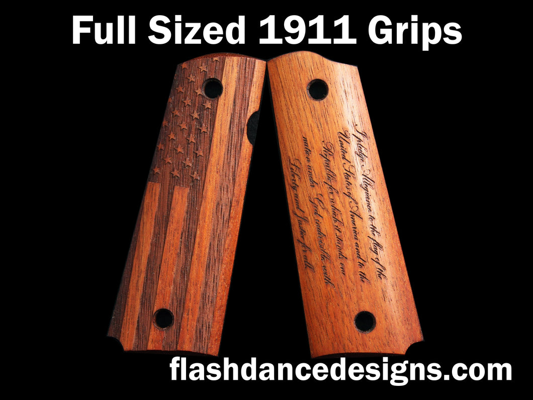 Walnut full sized 1911 grips laser engraved with a US Flag and the Pledge of Allegiance