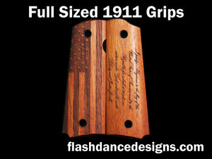 Walnut full sized 1911 grips laser engraved with a US Flag and the Pledge of Allegiance