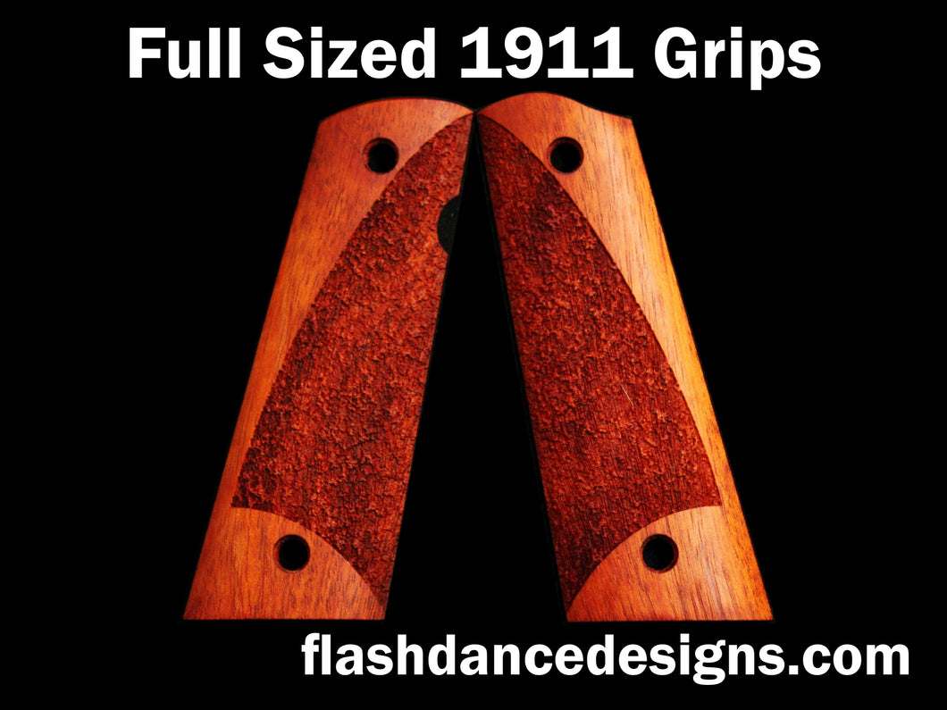Bloodwood full sized full coverage 1911 grips laser engraved with a partial stipple design