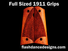 Load image into Gallery viewer, Bloodwood full sized full coverage 1911 grips laser engraved with a partial stipple design
