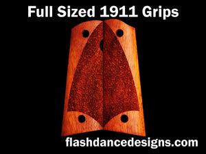 Bloodwood full sized full coverage 1911 grips laser engraved with a partial stipple design