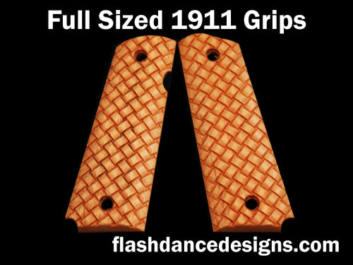 Maple full sized 1911 grips laser engraved with three-dimensional basketweave