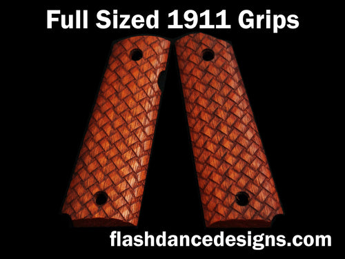 Walnut full sized 1911 grips laser engraved with three-dimensional basketweave