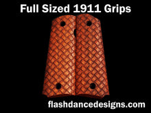 Load image into Gallery viewer, Walnut full sized 1911 grips laser engraved with three-dimensional basketweave
