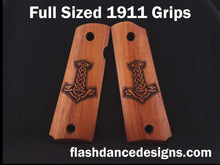 Load image into Gallery viewer, Walnut full sized 1911 grips laser engraved with Thor&#39;s hammer, Mjölnir
