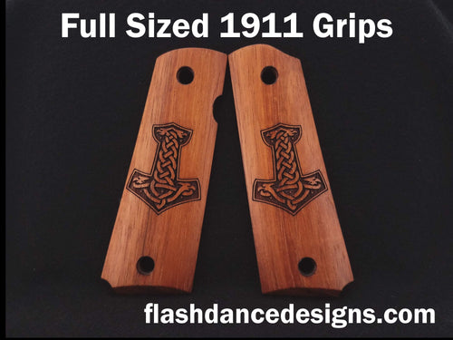 Walnut full sized 1911 grips laser engraved with Thor's hammer, Mjölnir