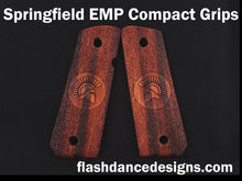 Load image into Gallery viewer, Marblewood Springfield EMP Compact grips laser engraved with a Spartan helmet over a stippled background
