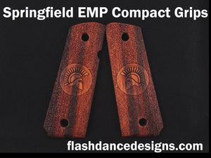 Marblewood Springfield EMP Compact grips laser engraved with a Spartan helmet over a stippled background