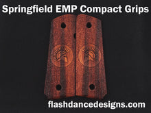 Load image into Gallery viewer, Marblewood Springfield EMP Compact grips laser engraved with a Spartan helmet over a stippled background

