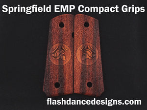 Marblewood Springfield EMP Compact grips laser engraved with a Spartan helmet over a stippled background