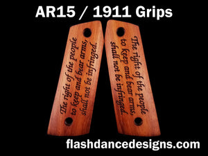 Walnut AR 1911 grips laser engraved with the Second Amendment to the US Constitution