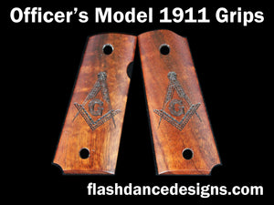 Koa officer's model sized 1911 grips laser engraved with the Masonic Square and Compasses