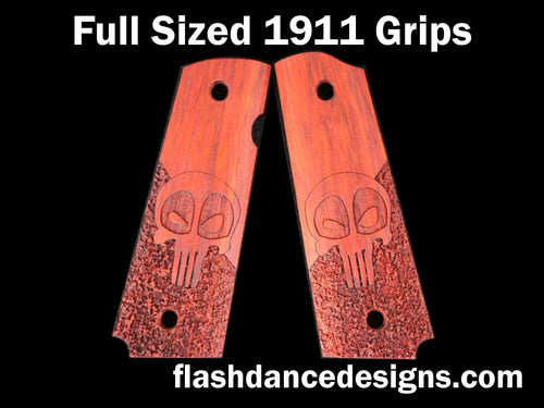 Bloodwood full sized 1911 grips laser engraved with a Deadpool Punisher skull over a partial stipple background