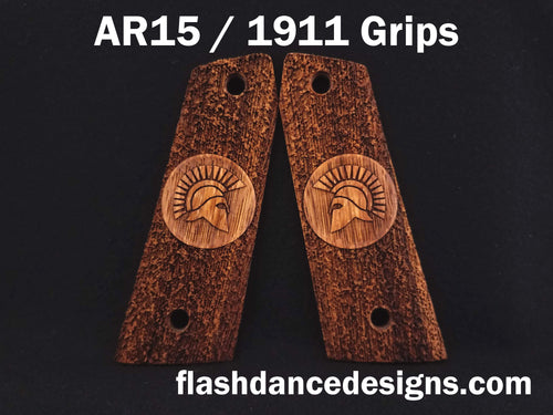 Zebrawood AR 1911 grips laser engraved with a Spartan Helm over a stippled background