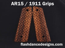 Load image into Gallery viewer, Zebrawood AR 1911 grips laser engraved with three-dimensional snake scales
