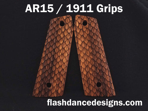 Zebrawood AR 1911 grips laser engraved with three-dimensional snake scales