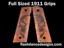 Load image into Gallery viewer, Koa full sized, full coverage 1911 grips laser engraved with a half-skull design
