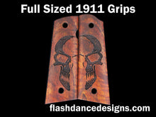 Load image into Gallery viewer, Koa full sized, full coverage 1911 grips laser engraved with a half-skull design
