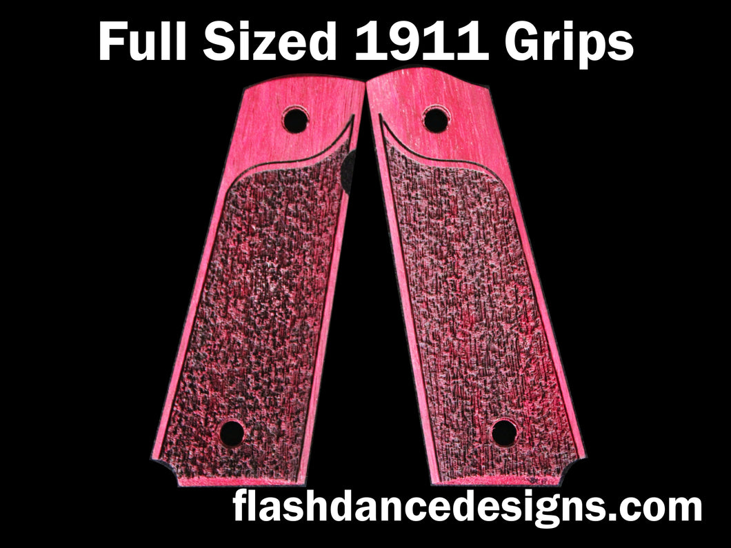 Purpleheart full sized 1911 grips laser engraved with a partial stipple design