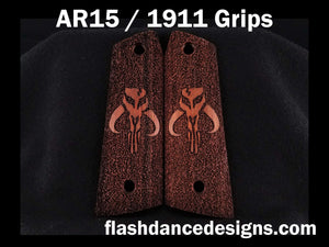 Walnut AR 1911 grips laser engraved with a popular bounty hunter logo over a stippled background