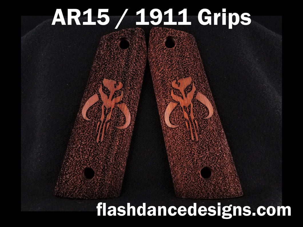 Walnut AR 1911 grips laser engraved with a popular bounty hunter logo over a stippled background
