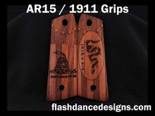 Load image into Gallery viewer, Walnut AR 1911 grips engraved with Don&#39;t Tread on Me and Join or Die designs over a colonial flag
