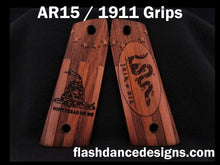 Load image into Gallery viewer, Walnut AR 1911 grips engraved with Don&#39;t Tread on Me and Join or Die designs over a colonial flag
