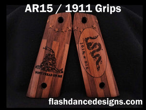 Walnut AR 1911 grips engraved with Don't Tread on Me and Join or Die designs over a colonial flag