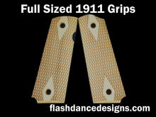 Load image into Gallery viewer, Boxwood full sized 1911 grips laser engraved with a classic double diamond design
