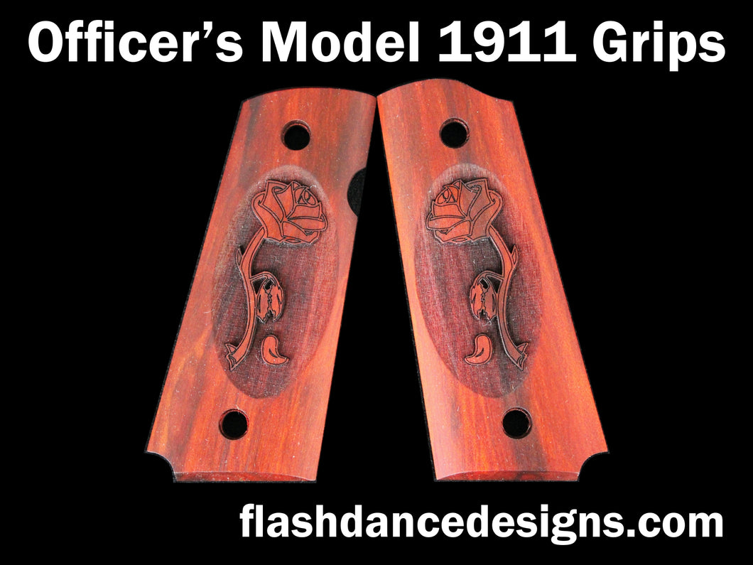 Redheart officer's model 1911 grips laser engraved with a rose
