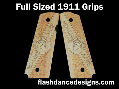 Boxwood full sized 1911 grips engraved with Molon Labe and a Spartan Helm over a stippled background