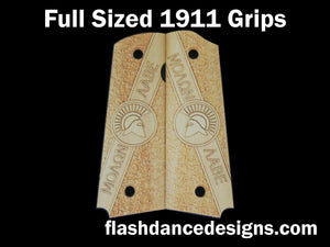 Boxwood full sized 1911 grips engraved with Molon Labe and a Spartan Helm over a stippled background