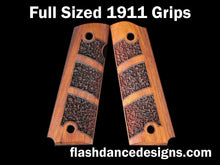Load image into Gallery viewer, Walnut full sized 1911 grips laser engraved with a partial stipple design
