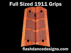 Bloodwood full sized full coverage 1911 grips laser engraved with a partial diamond checkering design